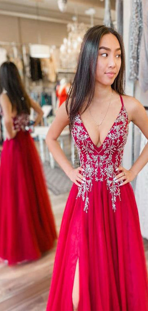 Sexy Red A-Line Spaghetti Strap Side Slit Lace Popular Maxi&nbsp;Long Evening Gowns, Formal, Birthday Party, FM449