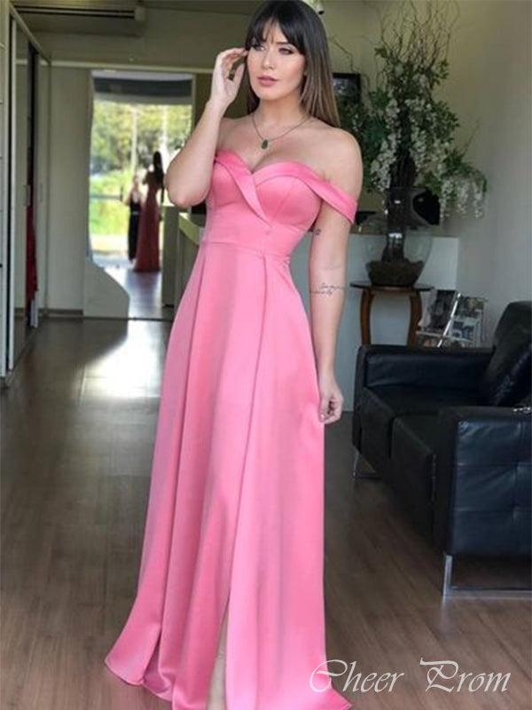 Sexy Pink A-line off-Shoulder Side Slit Popular Maxi Long Evening Gowns, Formal, Birthday Party, FM455