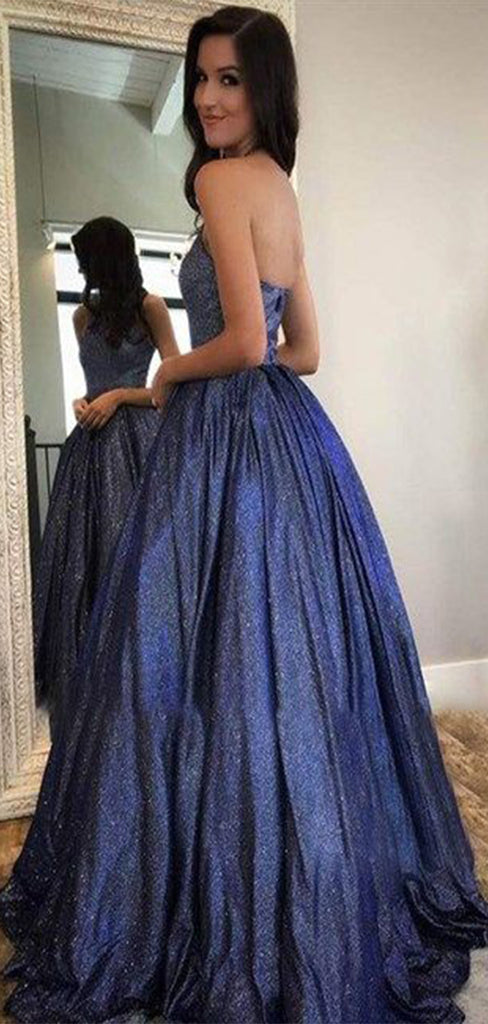 Elegant Blue A-Line Strapless Long Evening Gowns, Formal Evening Gowns, Birthday Party, FM397