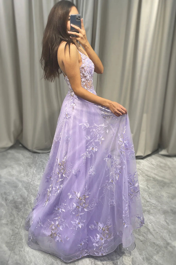 Gorgeous Purple Spaghetti Straps V Neck Sleeveless Lace Maxi Long Party Prom Dresses, Evening Gowns, FM359