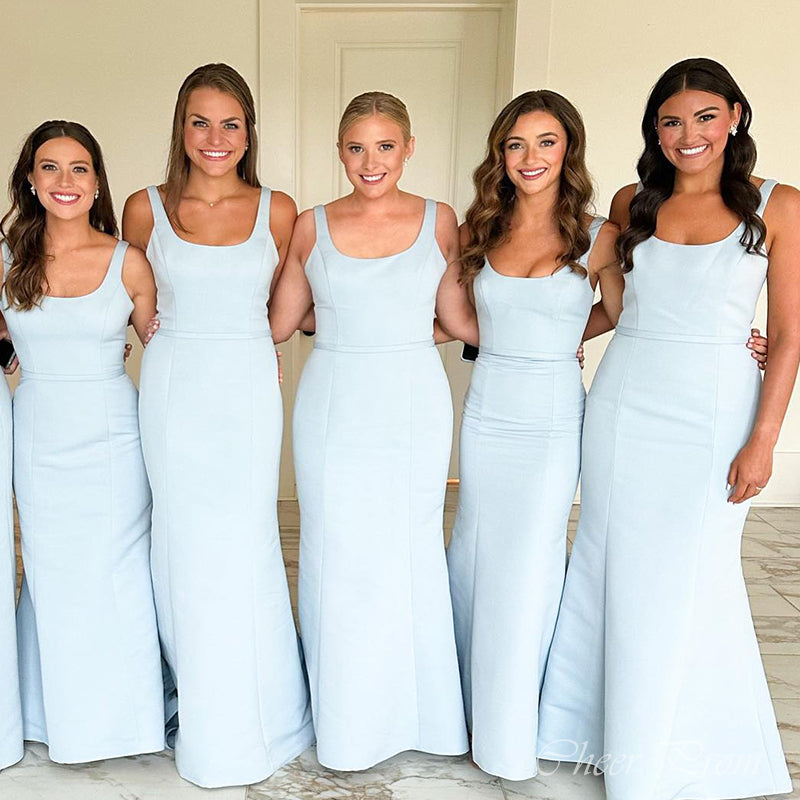 Simple Cheap Baby Blue Mermaid Scoop Long Dresses for Maid of Honor, Bridesmaid Dresses, CP359