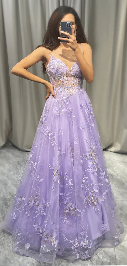 Gorgeous Purple Spaghetti Straps V Neck Sleeveless Lace Maxi Long Party Prom Dresses, Evening Gowns, FM359