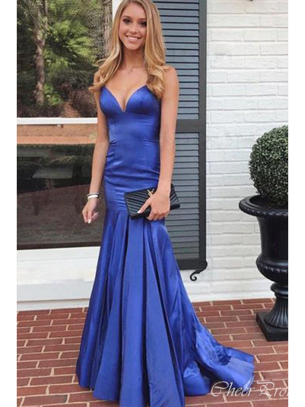 Sexy Blue Mermaid Spaghetti Straps V Neck Sleeveless Maxi Long Party Prom Dresses, Evening Gowns, FM369