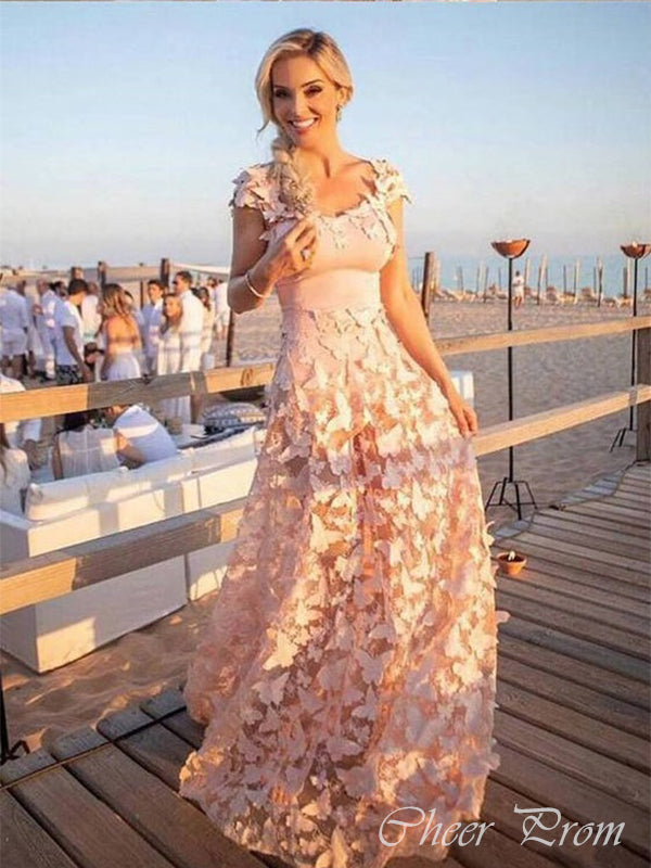 Elegant Pink A-line Scoop Butterfly Lace Popular Maxi&nbsp;Long Evening Gowns, Formal, Birthday Party, FM456