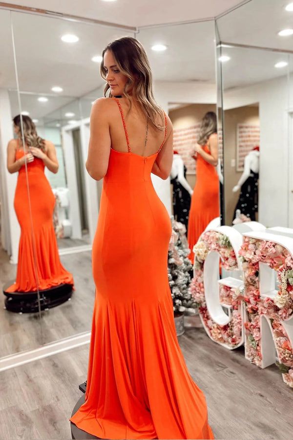 Unique Orange Mermaid Sweetheart Spaghetti Straps Beading Maxi Long Party Prom Gowns,Evening Dresses,FM39