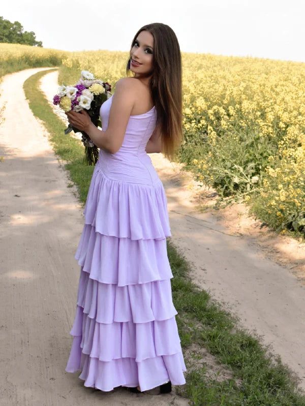 Elegant Lilac A-Line One Shoulder Side Slit Pleats Maxi Long Party Prom Gowns,Evening Dresses,FM40