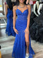 Sexy Blue Mermaid Spaghetti Straps Side Slit Long Evening Gowns, Formal Evening Gowns, Birthday Party, FM399