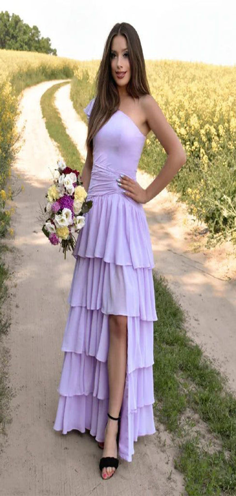 Elegant Lilac A-Line One Shoulder Side Slit Pleats Maxi Long Party Prom Gowns,Evening Dresses,FM40