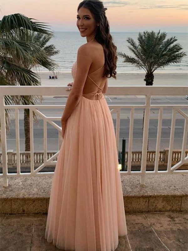 Elegant Pink A-Line Spaghetti Strap Lace Popular Maxi&nbsp;Long Evening Gowns, Formal, Birthday Party, FM458