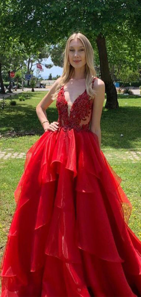 Elegant Red A-Line Spaghetti Strap Lace Popular Maxi&nbsp;Long Evening Gowns, Formal, Birthday Party, FM459