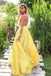 Elegant Yellow A-Line Spaghetti Straps V Neck Maxi Long Party Prom Dresses,Evening Dresses,FM42