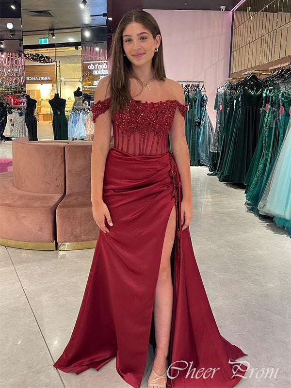 Sexy Red&nbsp;Mermaid Off-Shoulder Side Slit Popular Maxi Long Evening Gowns, Formal, Birthday Party, FM470