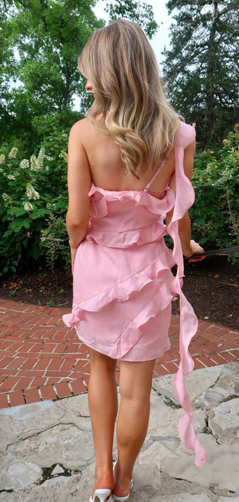 Elegant Pink One Shoulder Sleeveless Popular Short Homecoming Prom Dress, CPH209