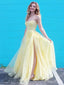 Gorgeous Yellow A-Line Spaghetti Straps Side Slit Applique Maxi Long Party Prom Dresses,Evening Dresses,FM43