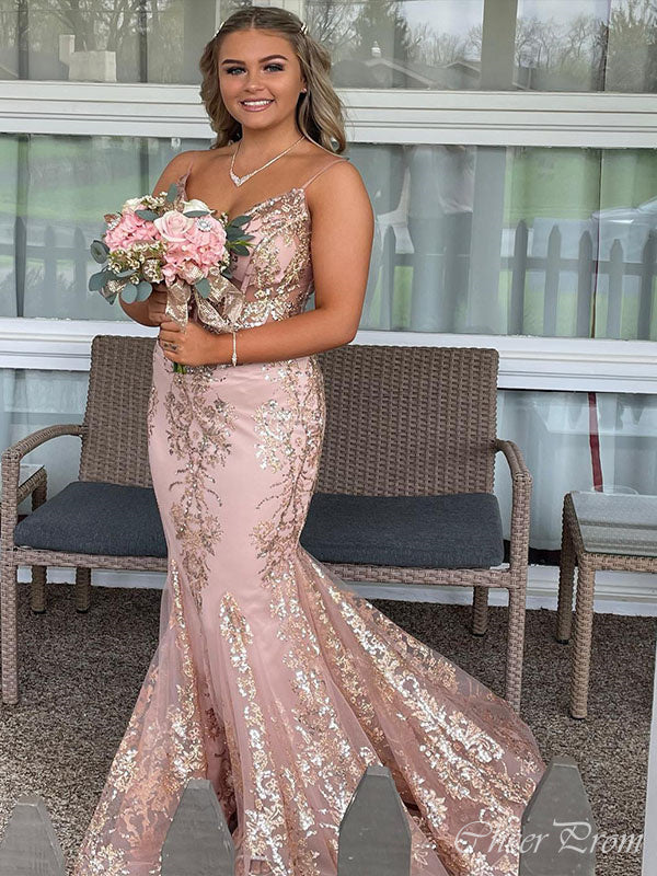 Gorgeous Spaghetti Straps V Neck Sleeveless Applique Maxi Long Party Prom Dresses, Evening Gowns, FM340