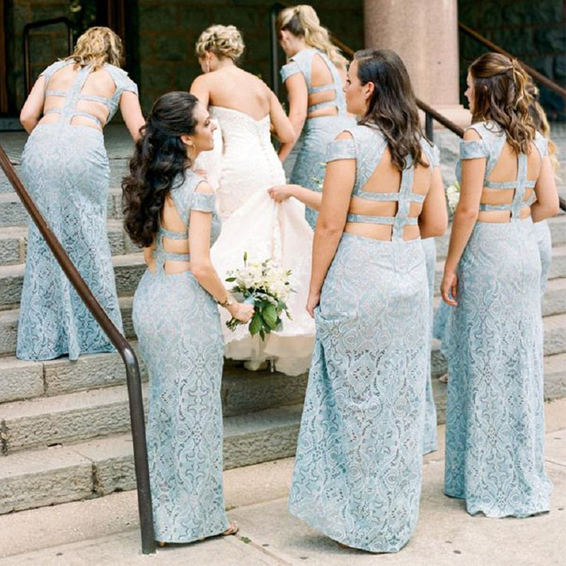 Elegant Baby Blue Mermaid V-Neck Dresses for Maid of Honor, Bridesmaid Dresses, CP377