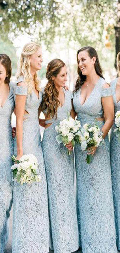 Elegant Baby Blue Mermaid V-Neck Dresses for Maid of Honor, Bridesmaid Dresses, CP377