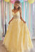 Elegant Yellow A-Line Spaghetti Straps V Neck Lace Applique Maxi Long Party Prom Dresses,Evening Dresses,FM44