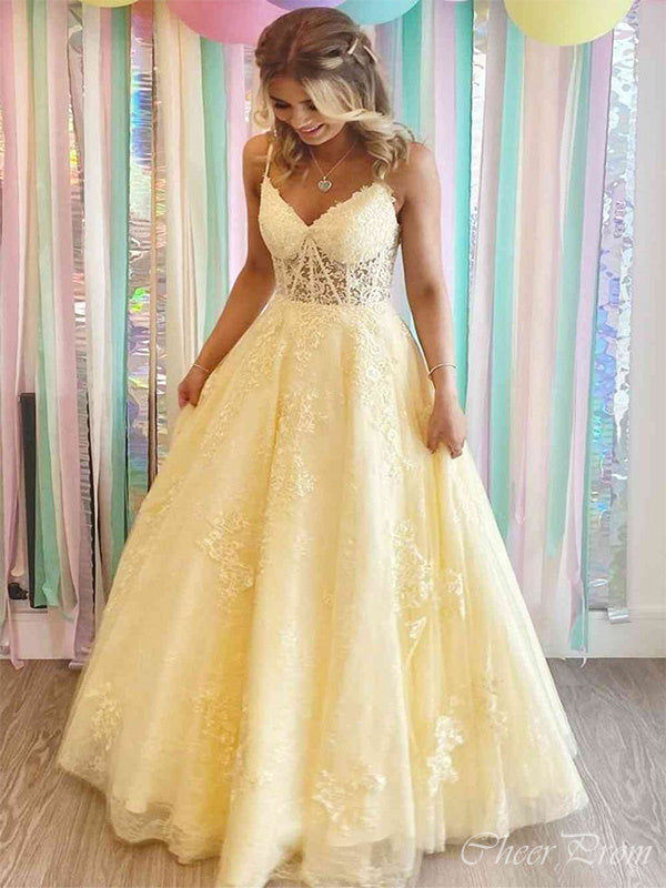 Elegant Yellow A-Line Spaghetti Straps V Neck Lace Applique Maxi Long Party Prom Dresses,Evening Dresses,FM44