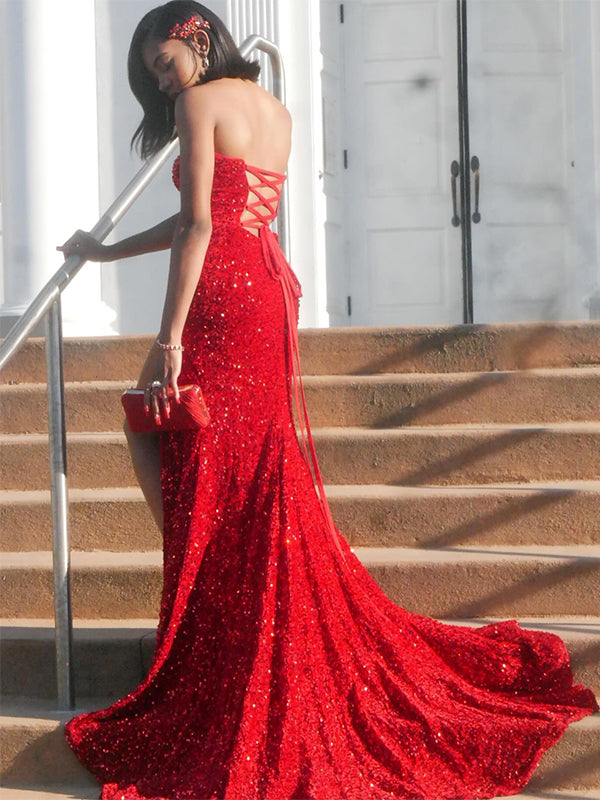 Sexy Red Mermaid Sweetheart Side Slit Criss-Cross Long Evening Gowns, Formal Evening Gowns, Birthday Party, FM401