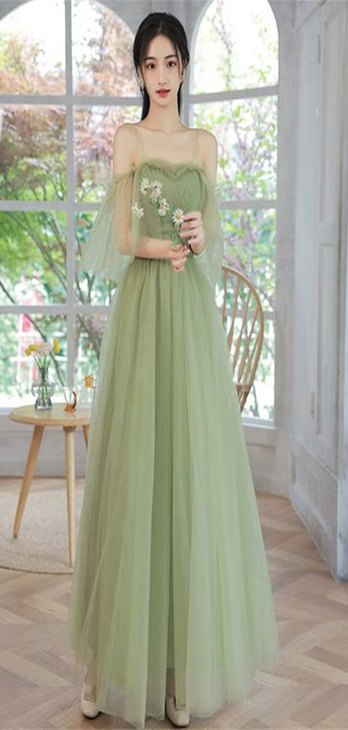 Elegant Green A-Line Sweetheart Spaghetti Straps Off Shoulder Lace Up Maxi Long Party Prom Dresses,Evening Dresses,FM45