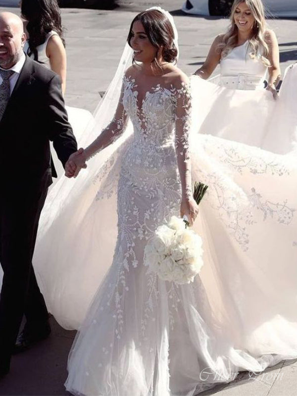 Elegant Sweetheart full Sleeve With Train Lace Popular Long Bridal Dress, Wedding Dresses, CPD192