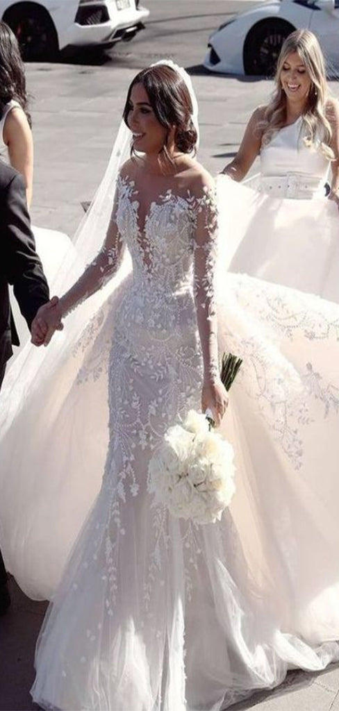 Elegant Sweetheart full Sleeve With Train Lace Popular Long Bridal Dress, Wedding Dresses, CPD192