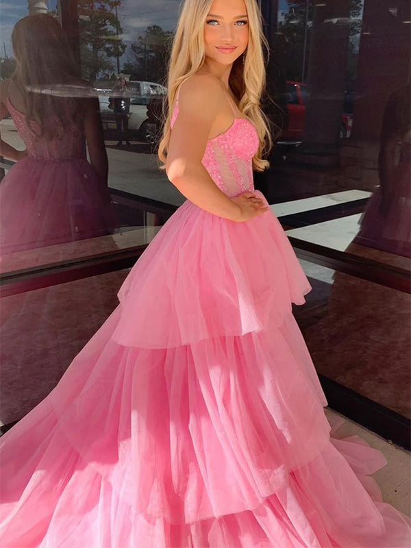 Beautiful Pink A-Line&nbsp; Sweetheart Lace Long Evening Gowns, Formal Evening Gowns, Birthday Party, FM408