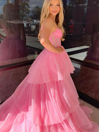 Beautiful Pink A-Line&nbsp; Sweetheart Lace Long Evening Gowns, Formal Evening Gowns, Birthday Party, FM408