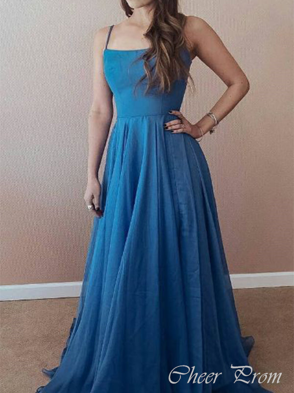 Elegant Blue A-Line Spaghetti Strap Popular Maxi Long Evening Gowns, Formal, Birthday Party, FM467