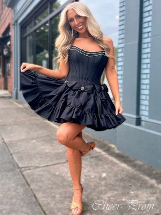 Sexy Black Ball Gown Strapless Pleats Popular Short Homecoming Prom Dress, CPH260