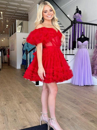 Cute Red Ball Gown Short Sleeve Pleats Popular Short Homecoming Prom Dress, CPH261