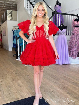 Cute Red Ball Gown Short Sleeve Pleats Popular Short Homecoming Prom Dress, CPH261