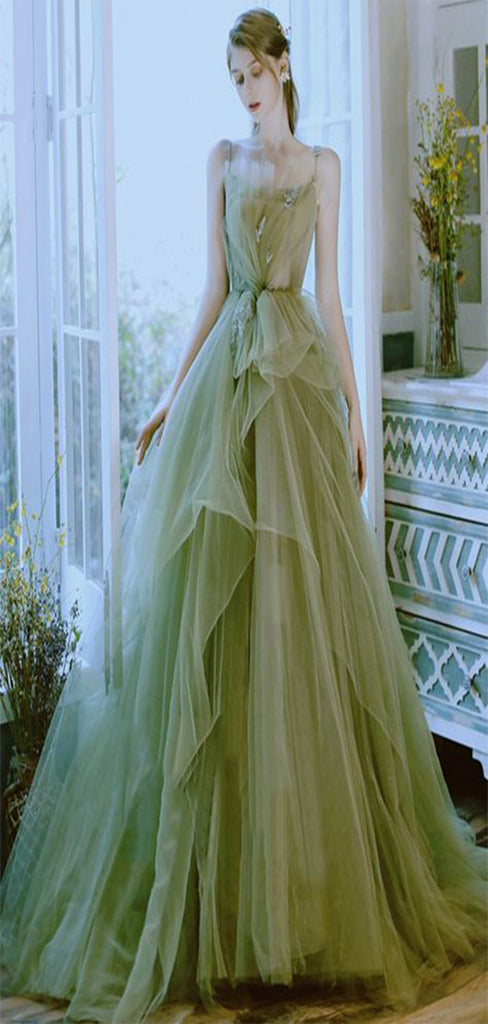 Gorgeous Green A-Line Spaghetti Straps Beading Applique Maxi Long Party Prom Dresses,Evening Dresses,FM47