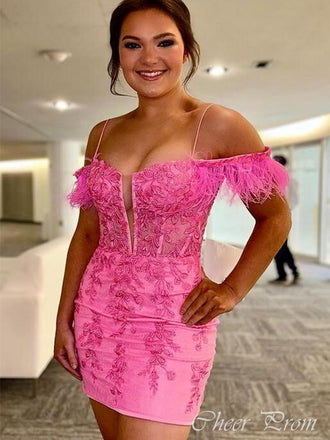 Cute Pink Mermaid Off-Shoulder Lace Short Sleeve Pleats Popular Short Homecoming Prom Dress, CPH262