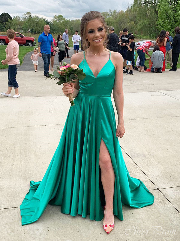 Sexy Green Spaghetti Straps V Neck Sleeveless Side Slit Maxi Long Party Prom Dresses, Evening Gowns, FM342