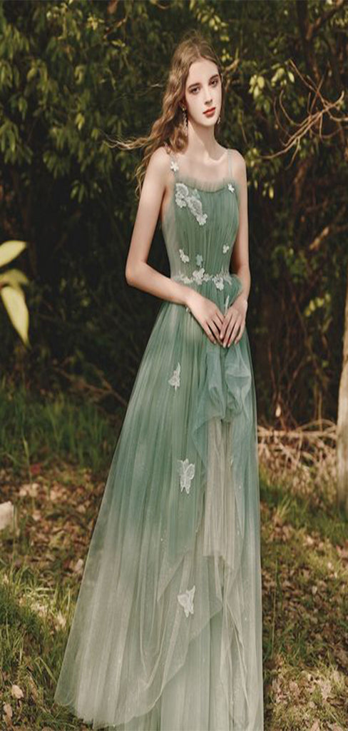 Elegant Green A-Line Spaghetti Straps Applique Sequin Maxi Long Party Prom Dresses,Evening Dresses,FM48