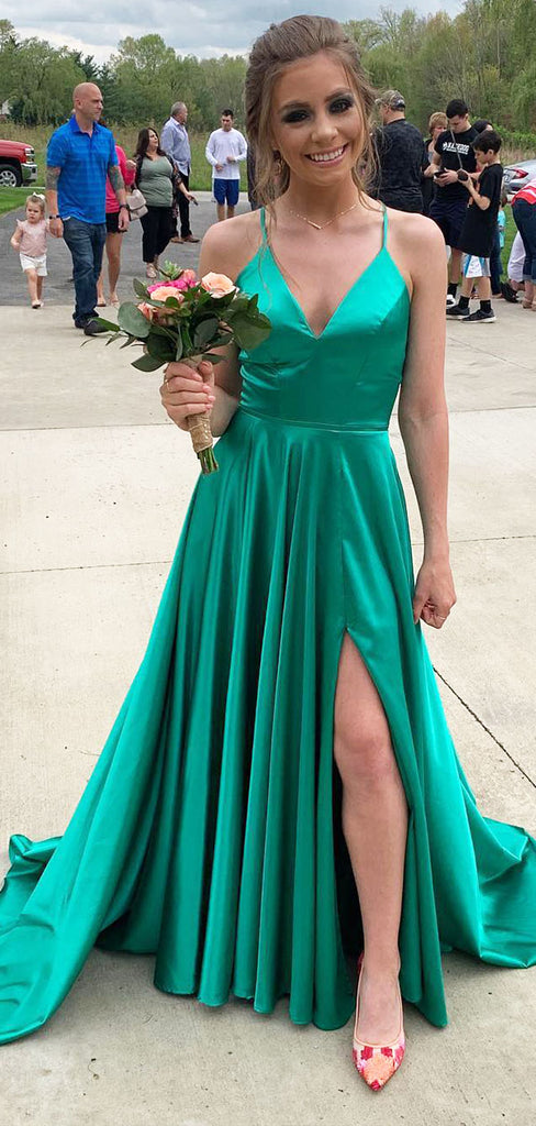 Sexy Green Spaghetti Straps V Neck Sleeveless Side Slit Maxi Long Party Prom Dresses, Evening Gowns, FM342