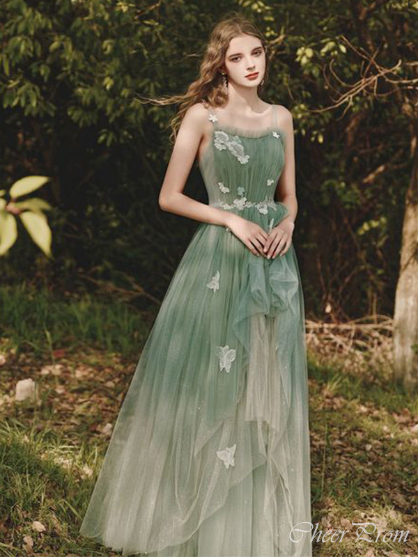 Elegant Green A-Line Spaghetti Straps Applique Sequin Maxi Long Party Prom Dresses,Evening Dresses,FM48