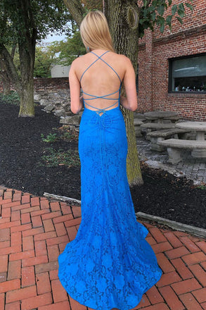 Charming Blue Mermaid Halter Applique Lace Up Maxi Long Party Prom Dresses,Evening Gowns,FM49