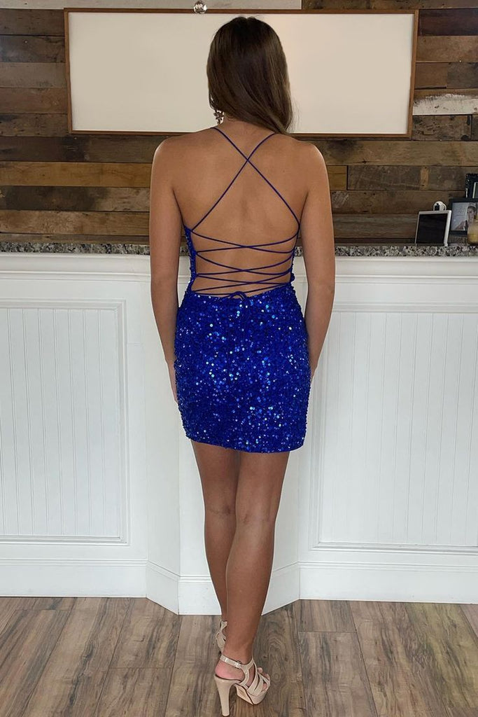 Shiny Blue Spaghetti Straps V Neck Sleeveless Sequin Popular Short Homecoming Prom Dress, CPH215