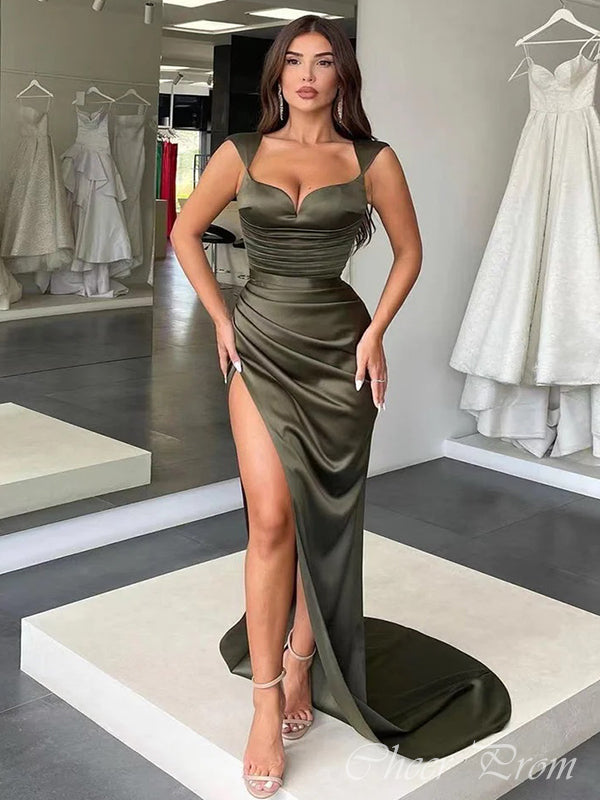 Sexy Green Mermaid Queen Anne Side Slit Long Evening Gowns, Formal Evening Gowns, Birthday Party, FM405