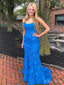 Charming Blue Mermaid Halter Applique Lace Up Maxi Long Party Prom Dresses,Evening Gowns,FM49