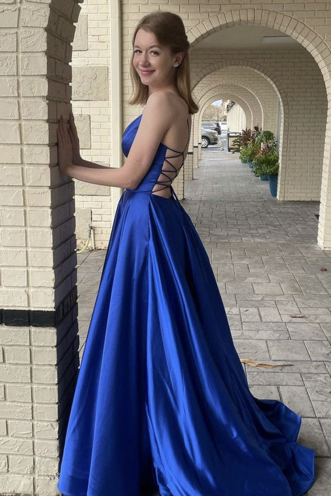 Sexy Royal Blue Spaghetti Straps V Neck Sleeveless Lace Up Maxi Long Party Prom Dresses, Evening Gowns, FM360