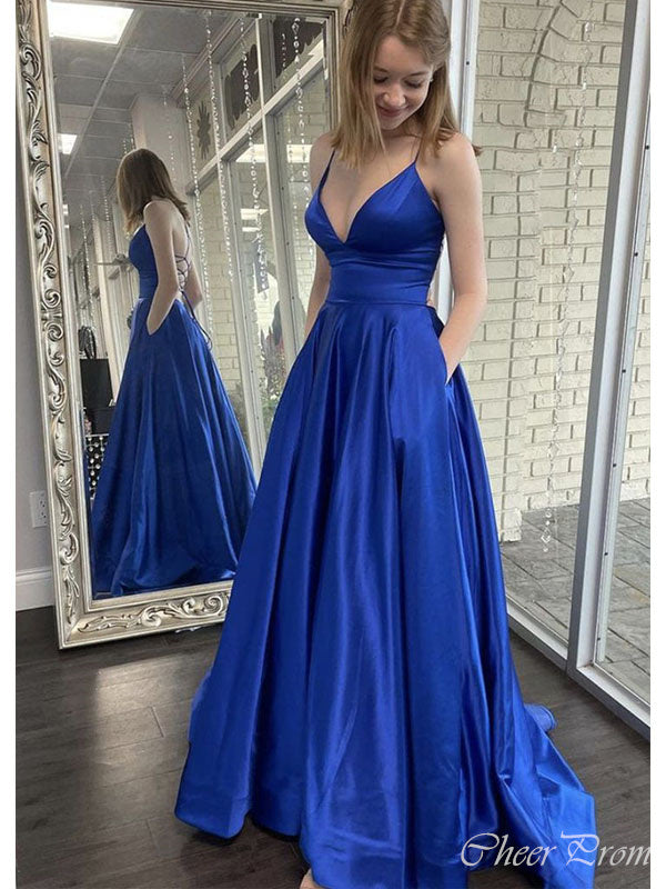 Sexy Royal Blue Spaghetti Straps V Neck Sleeveless Lace Up Maxi Long Party Prom Dresses, Evening Gowns, FM360