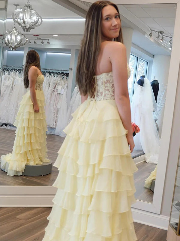 Elegant Yellow A-line Sweetheart Sleeveless Lace Maxi Long Party Prom Dresses, Evening Dresses, FM378