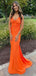 Sexy Orange Mermaid Halter V Neck Long Maxi Party Prom Dresses,Evening Gowns,FM52