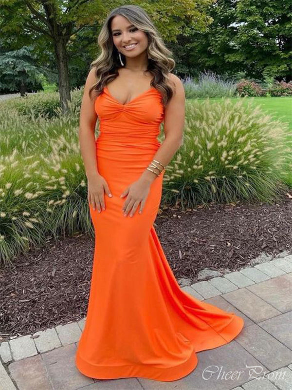 Sexy Orange Mermaid Halter V Neck Long Maxi Party Prom Dresses,Evening Gowns,FM52