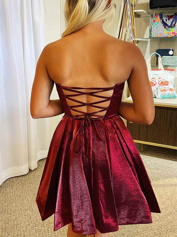 Elegant Red Ball Gown Strapless Criss Cross Short Sleeve Pleats Popular Short Homecoming Prom Dress, CPH266