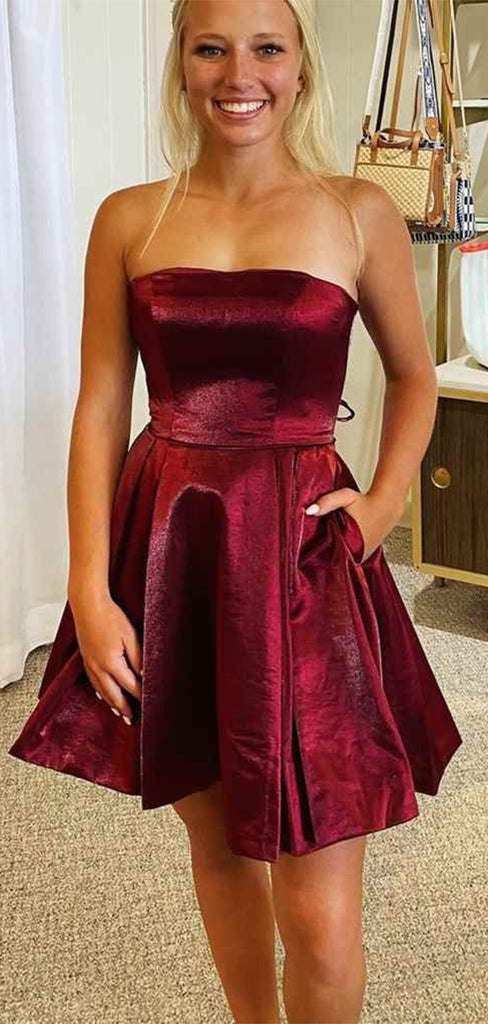 Elegant Red Ball Gown Strapless Criss Cross Short Sleeve Pleats Popular Short Homecoming Prom Dress, CPH266